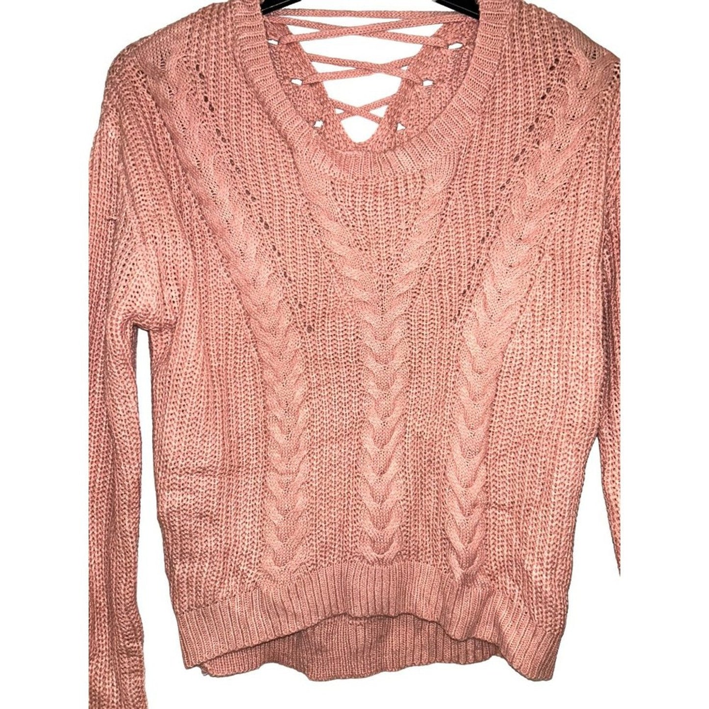 Crave Fame Womens Lace Up Back Cable Long Sleeve Sweater Coral Pink Size M