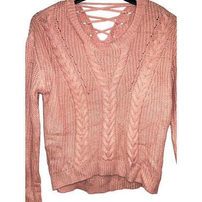 Crave Fame Womens Lace Up Back Cable Long Sleeve Sweater Coral Pink Size M