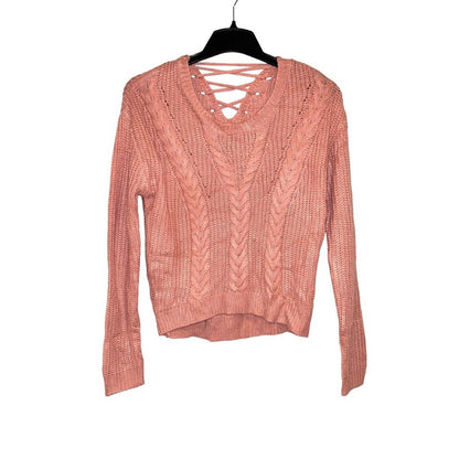 Crave Fame Womens Lace Up Back Cable Long Sleeve Sweater Coral Pink Size M
