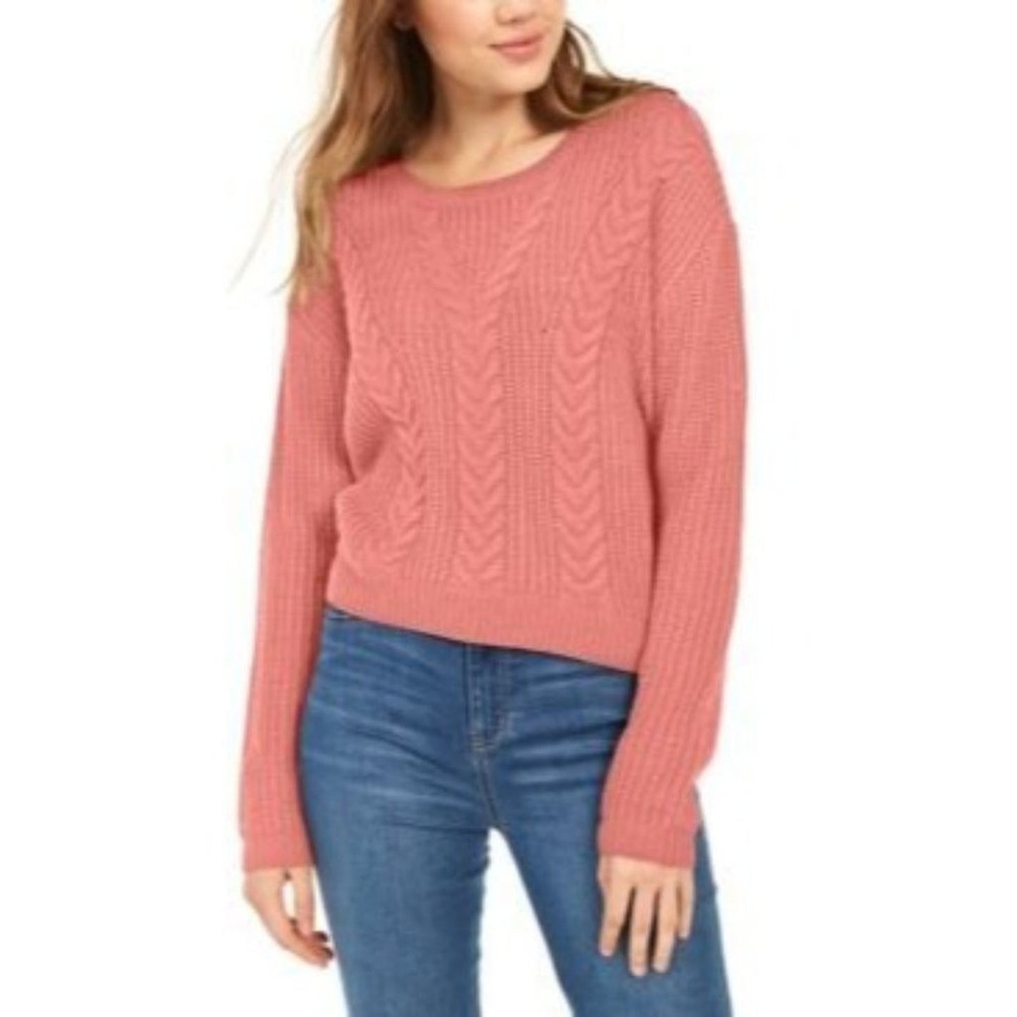 Crave Fame Womens Lace Up Back Cable Long Sleeve Sweater Coral Pink Size M